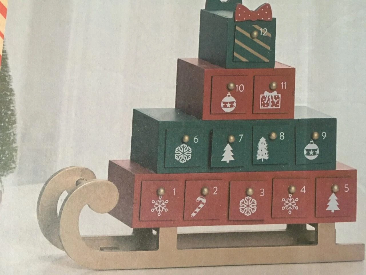 Calendrier de l'avent en bois - luge de noël - 24 tiroirs - neuf